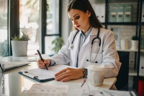 Young female doctor is doing paperwork at a desk in workplaceYoung female doctor is doing paperwork at a desk in workplace