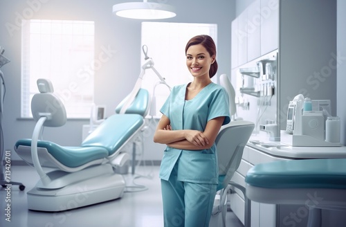 Portrait of young female dentist looking straight ahead in a clinic
