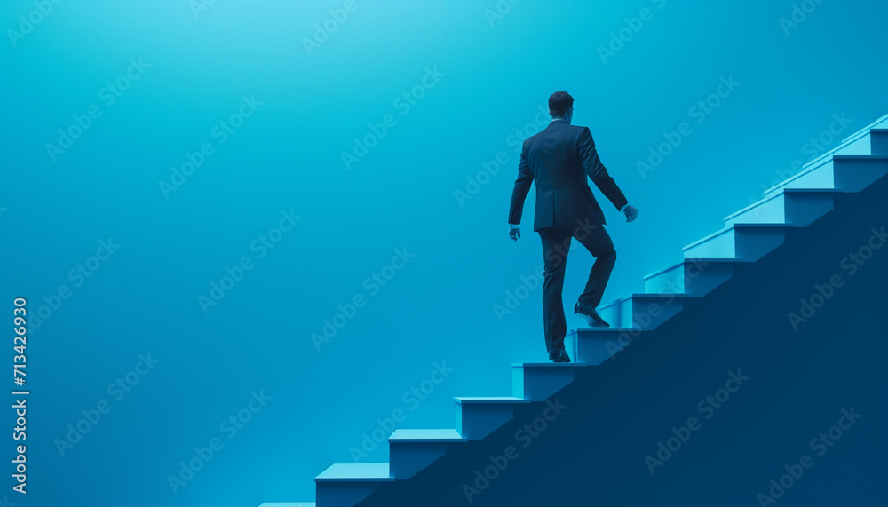Male businessman in a business suit climbs the career ladder
