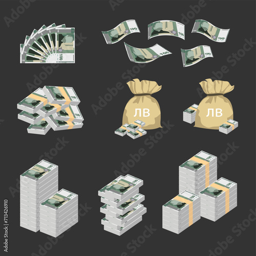 Bulgarian Lev Vector Illustration. Huge packs of Bulgaria money set bundle banknotes. Bundle with cash bills. Deposit, wealth, accumulation and inheritance. Falling money 100 BGN