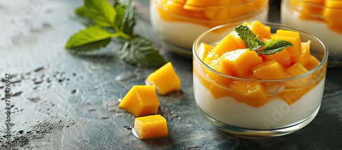 Mango Sago is a refreshing and satisfying summer dessert with juicy chunks of mango and a mango tapioca pearl and mango pudding in a milk or coconut milk infused creamy. Copy space image photo