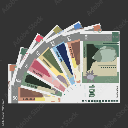 Bulgarian Lev Vector Illustration. Bulgaria money set bundle banknotes. Paper money 5, 10, 20, 50, 100 BGN. Flat style. Isolated on white background. Simple minimal design.