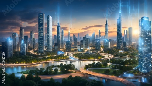 Explore the futuristic landscape of a digital city, pulsating with high-speed information in a smart, connected society. photo