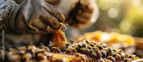 Two beekeepers looking at a honeycomb freshly extracted from a hive. Copy space image. Place for adding text