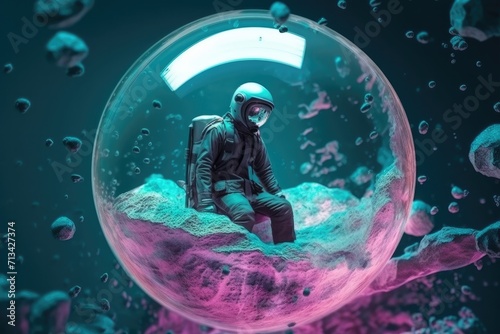 A solitary figure encapsulated in a transparent bubble, surrounded by the tranquil blue waters of an aquarium