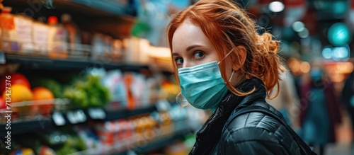 Woman wearing protective mask preparing for virus pandemic spread quarantine Hygiene cleaning and disinfection products Preventive measures and protection Supply shopping during the epidemic photo