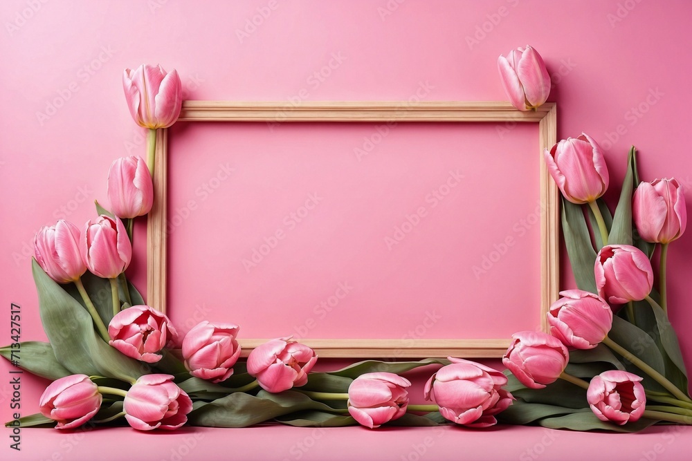 pink tulip on wooden frame, pink background, copy space pink tulip on wooden frame, pink background, copy space