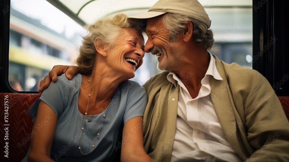 Joyful Elderly Couple Sharing a Laugh Together on Public Transport