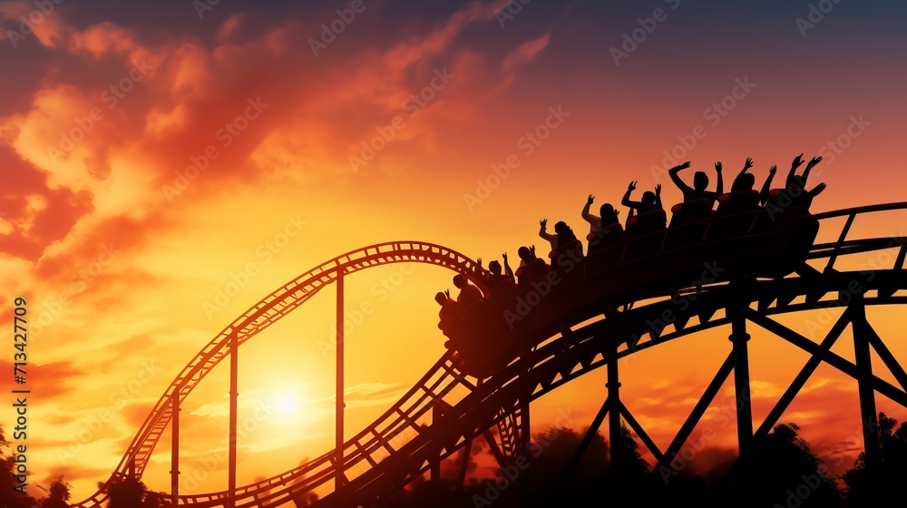 silhouette of people having fun on a roller coaster amusement park at sunset, copy space, 16:9