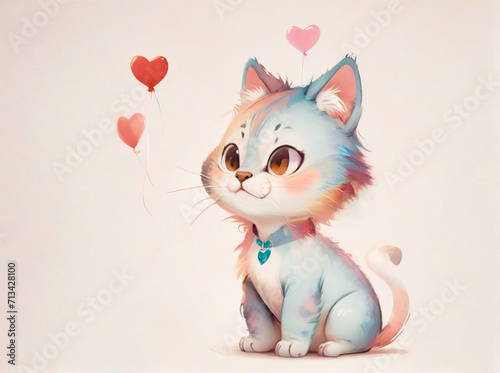Watercolor illustration of a sweet cartoon kitten in blue with hearts decorated background photo