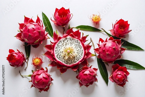 dragon fruit with tropical flowers on white background with copy space