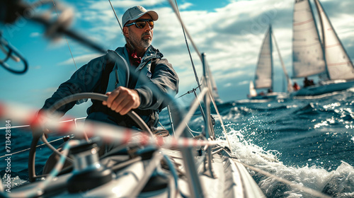 An immersive photograph capturing a sailor steering a sleek yacht through a regatta, with other boats in the background and the sailor's focused expression highlighting the competi
