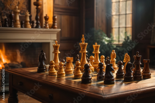 Chess, an antique chess set in a cozy, sunlit room with a fireplace generated with AI