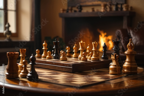 Chess, an antique chess set in a cozy, sunlit room with a fireplace generated with AI