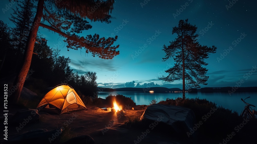 Lakeside Camping under Starlit Sky with Glowing Tent and Campfire
