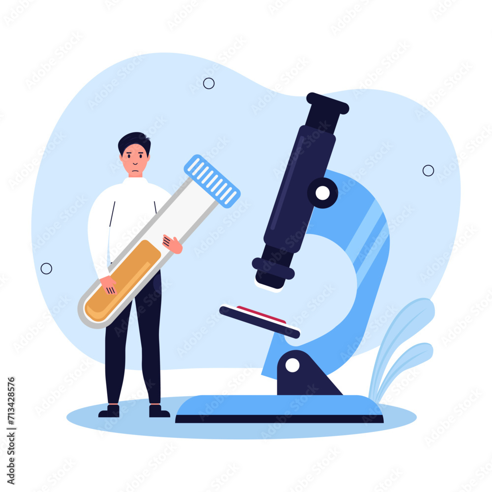 Medical tests illustration set.
Doctor examines the blood under a microscope, conducts a urine analysis. Health care and medicine concept. Vector illustration.