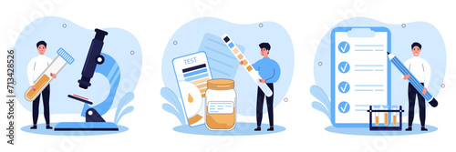 Medical tests illustration set.
Doctor examines the blood under a microscope, conducts a urine analysis with a pH test, records the results.Health care and medicine concept. Vector illustration. photo