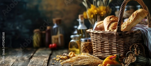 50 Euros in a grocery basket with buckwheat bread and cereals Rising food prices and groceries in Europe and other countries Humanitarian assistance. Copy space image. Place for adding text