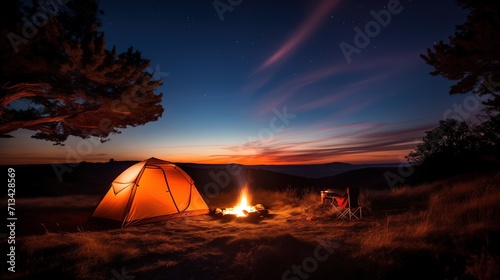 Twilight Campsite with Illuminated Tent and Campfire Under Starry Sky