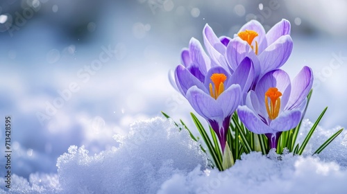 Beautiful crocuses growing through snow, space for text © MdImam