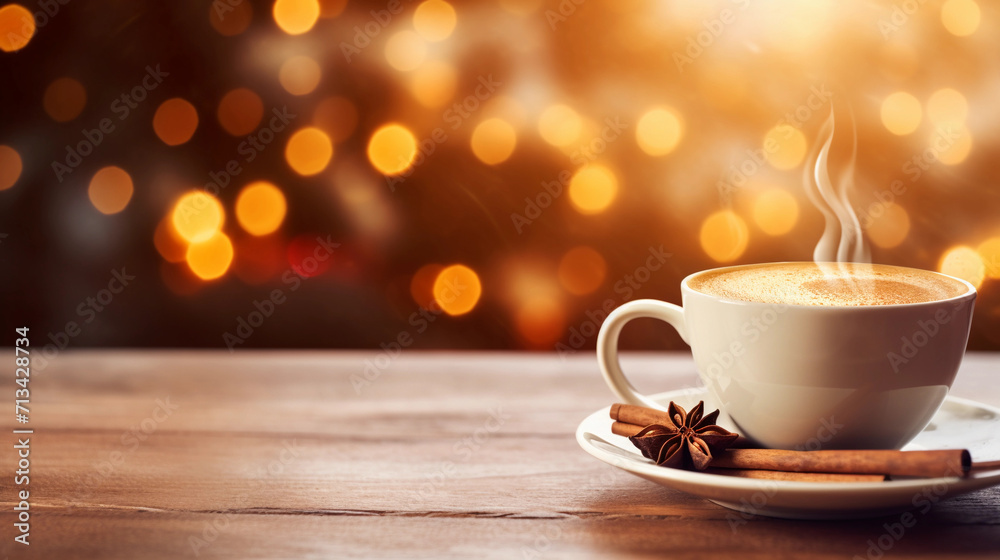 Close-up view of a cup of hot coffee on wood table at home with Christmas tree background bokeh in winter. Winter seasonal concept. Close-up view of a cup of hot coffee on wood table at home with Christmas tree background bokeh in winter. Winter seasonal concept.
