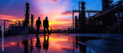 Silhouette of Teams engineer and foreman working at petrochemical oil refinery in sunset. Copy space image. Place for adding text photo