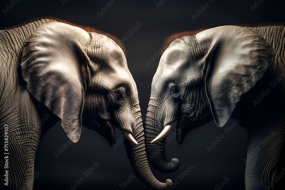 Two similar elephants bowed their heads to each other. Election. Racing concept. One party, two candidates