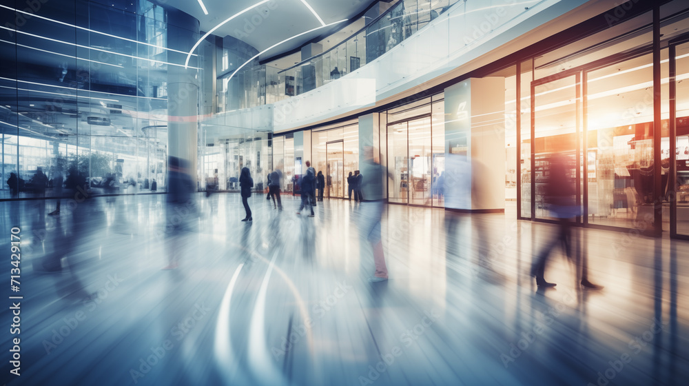 Blurred background of a modern shopping center with walking people. Shopping mall, motion blur