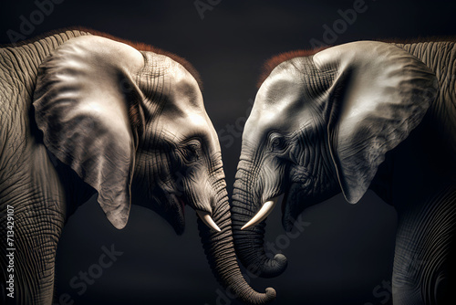 Two similar elephants bowed their heads to each other. Election. Racing concept. One party, two candidates photo