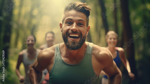 Runners racing through a forest tunnel of trees, their smiles resonating with freedom