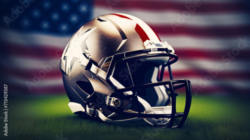 Sport helmet on football field with american flag on background. Postproducted generative AI illustration.