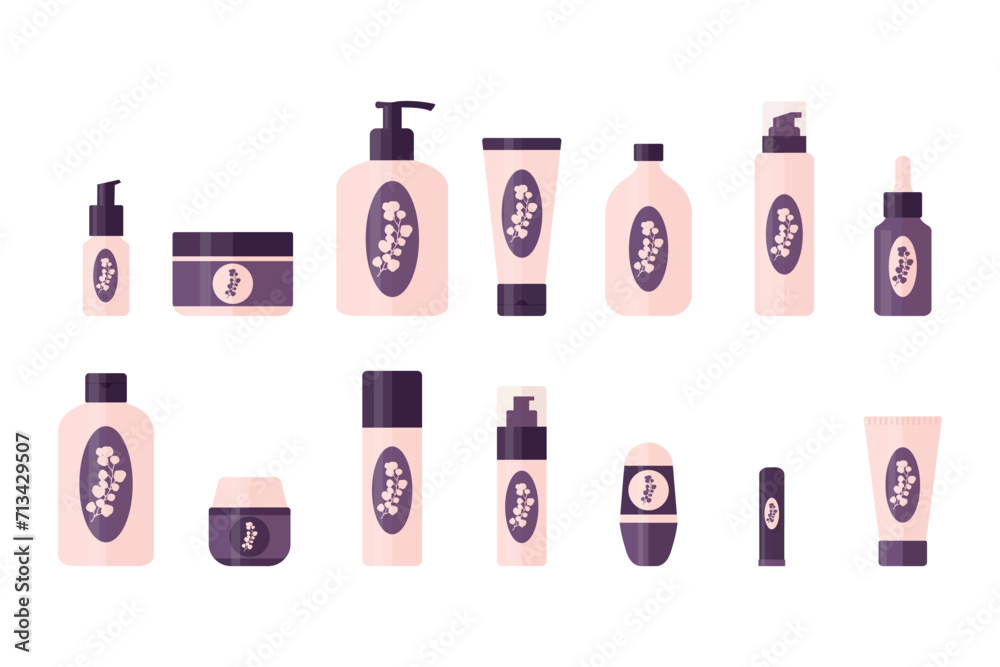Set of cosmetic products for daily routine. Cleansing gel, foam, toner, face serum, cream, lotion, deodorant and lip balm for skin care. Vector illustration Set of cosmetic products for daily routine. Cleansing gel, foam, toner, face serum, cream, lotion, deodorant and lip balm for skin care. Vector illustration