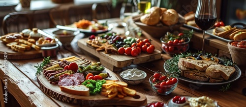 Beautifully decorated catering banquet table on event with different food snacks and appetizers setting with bagel and sandwiches triange baguette club submarine sandwich on wooden plate