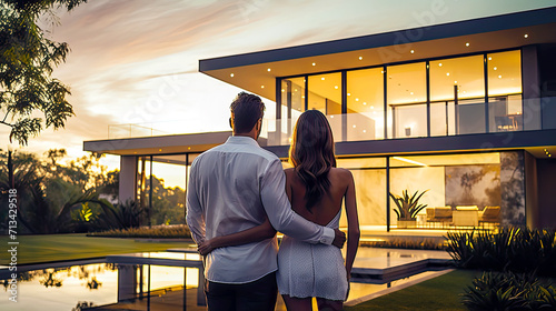 Young couple standing in from of their dream house. Postproducted generative AI illustration.