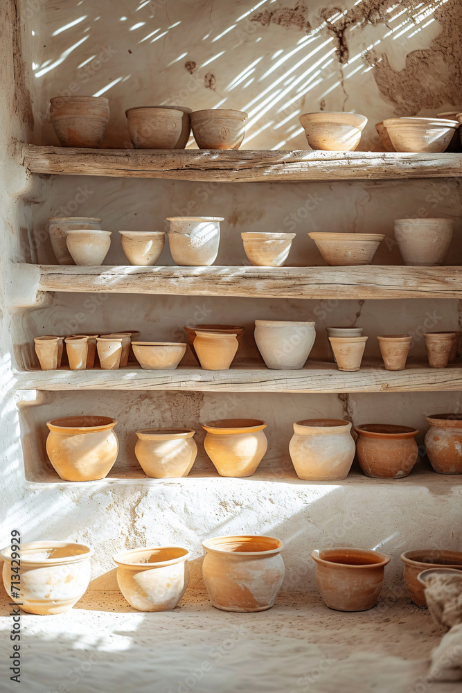 clay pots on shelf, simple rustic style