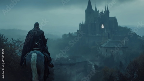 Medieval knight on horseback rides to the castle, morning landscape photo