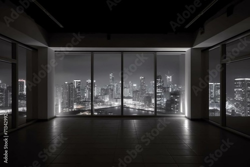 Cityscape skyscraper view at night from an empty room with a white wall background. Generative AI