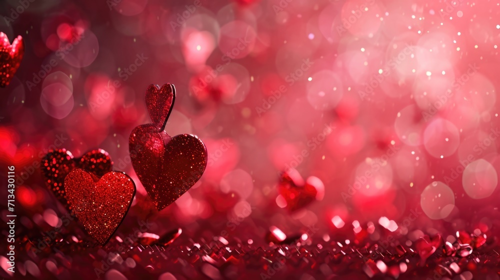 Floating Hearts Bokeh - Elongated Panoramic Red Background in a Valentine's Day Concept