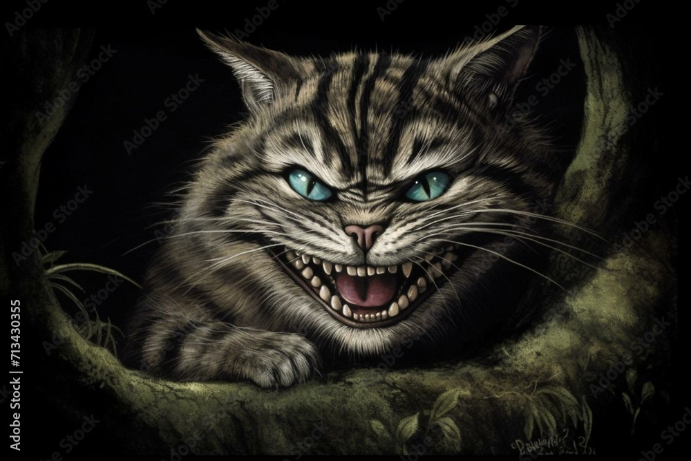 A mischievous feline with a wide grin, known as the Cheshire Cat. Generative AI - obrazy, fototapety, plakaty 