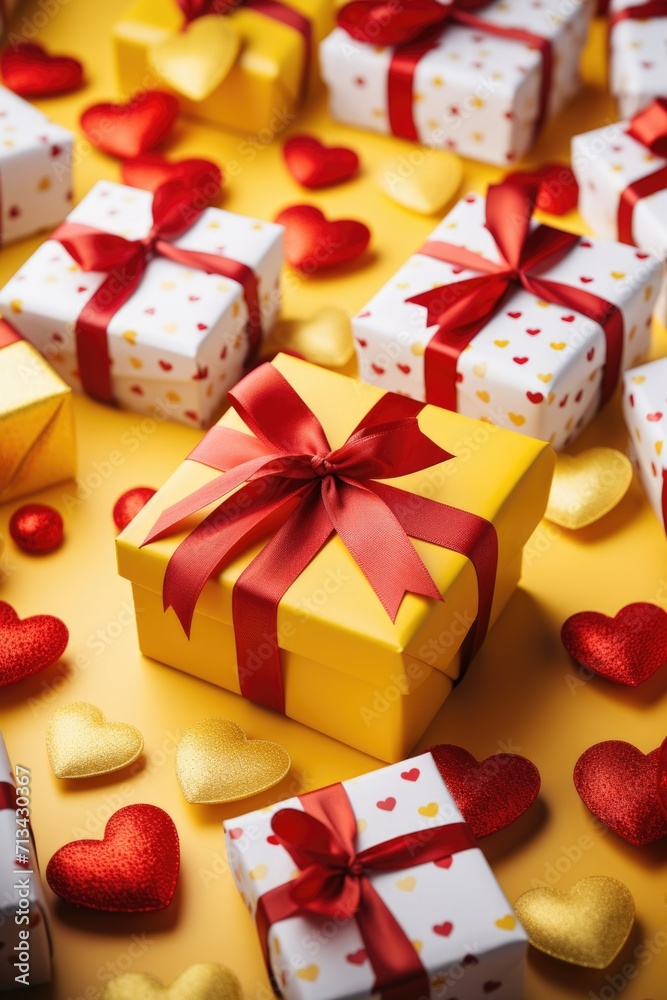 Bright Yellow Joy - Cheerful Valentine's Day Scene with Heart Adorned Gift Boxes, Valentine's Day Concept