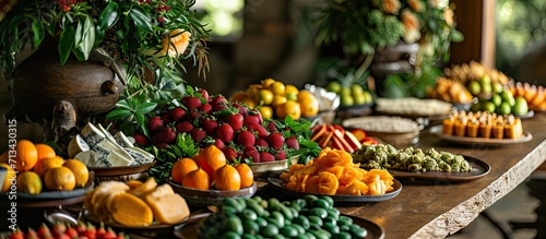 Dessert Corner with Fresh Fruits and Snacks served by Indonesia Catering Table Decoration. Copy space image. Place for adding text