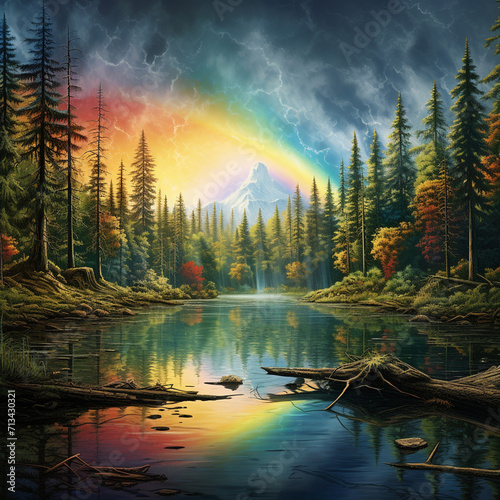 Rainbow lake in a forest