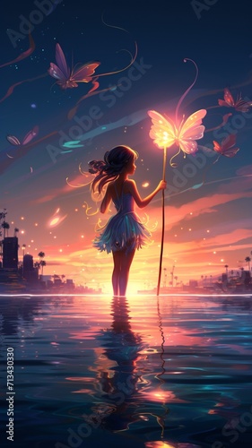 a girl with lots of butterfly AI-generated