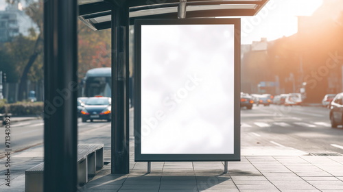 White bus stop billboard poster in a station with cars in moving in the background, Front view, mockup concept blank poster, city traffic photo
