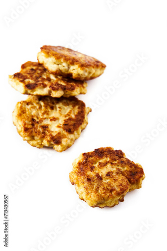  Golden Brown Chopped Chicken Cutlets or Patties with mozzarella cheese isolated on white background.