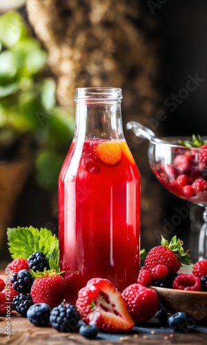 A table topped with bowls of fruit next to a bottl photo