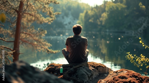 Man Meditating by Lakeside at Dawn, Embracing Serenity and Nature © Sintrax