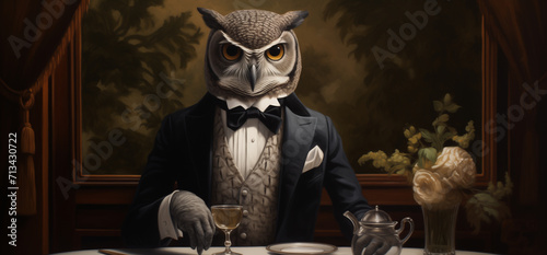 Owl man, Launch, Dinner, Noble, Aristocratic, Lord, Count, 1800s portrait. FOR A DINNER AT MR. OWL'S. Owl lord posing in his launch room behind a laid table with drink waiting for dinner to be served photo
