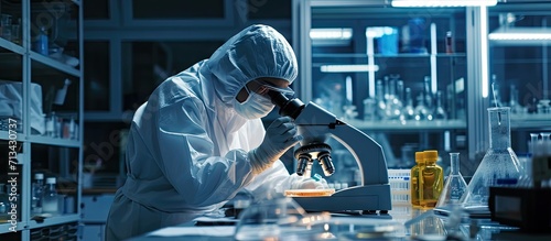 In a Secure High Level Laboratory Scientists in a Coverall Conducting a Research Chemist Adjusts Samples in a Petri Dish with Pincers and then Examines Them Under Microscope. Copy space image