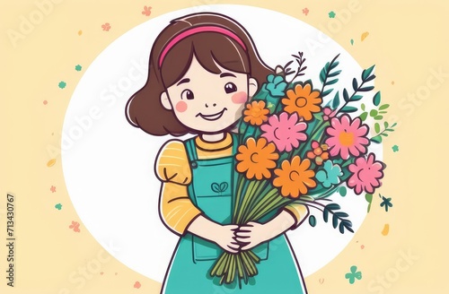 Girl with colorful flowers  Happy Mother s Day card  Women s Day March 8  congratulatory background for celebrating women s holiday